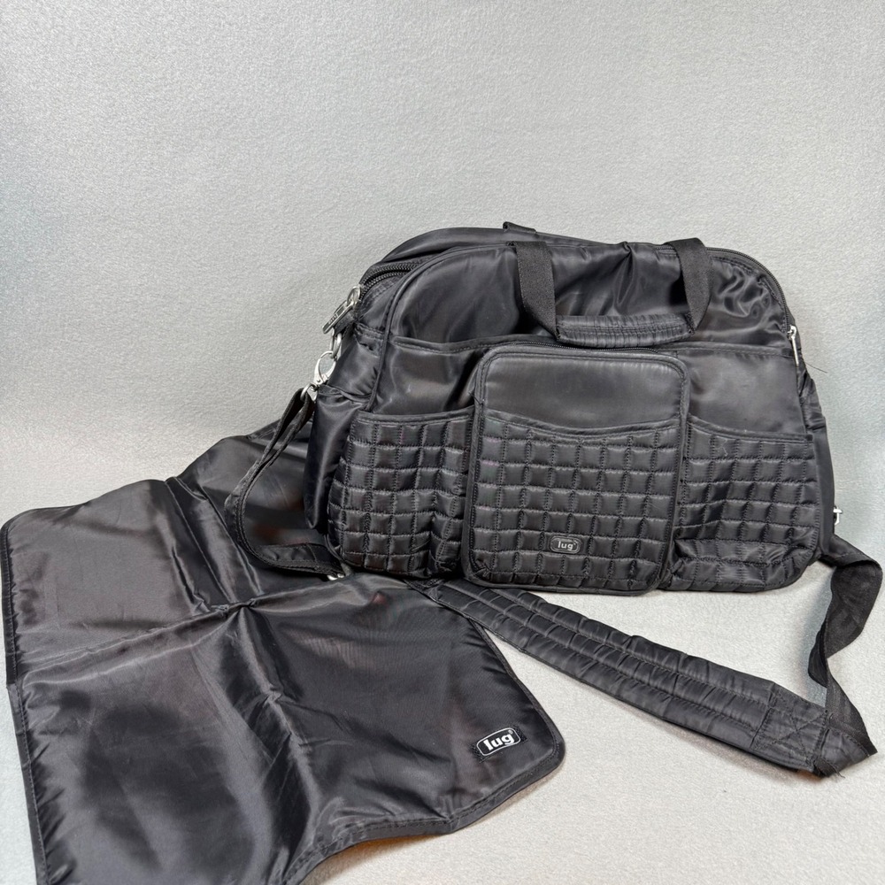 Lug Black Quilted Diaper Bag with Changing Pad and Messenger Strap